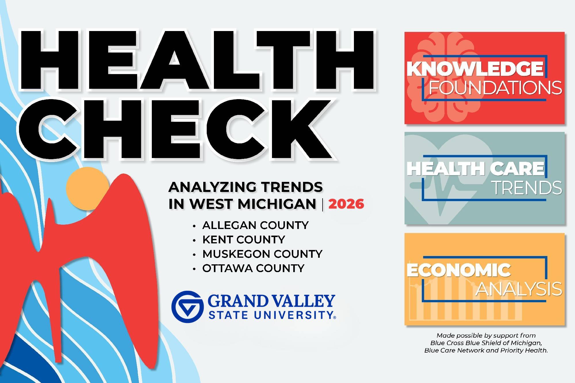 Image of Health Check e-publication cover with La Grand Vitesse and images noting the subsections of the publication namely Knowledge Foundations, Health Care Trends, and Economic Analysis
